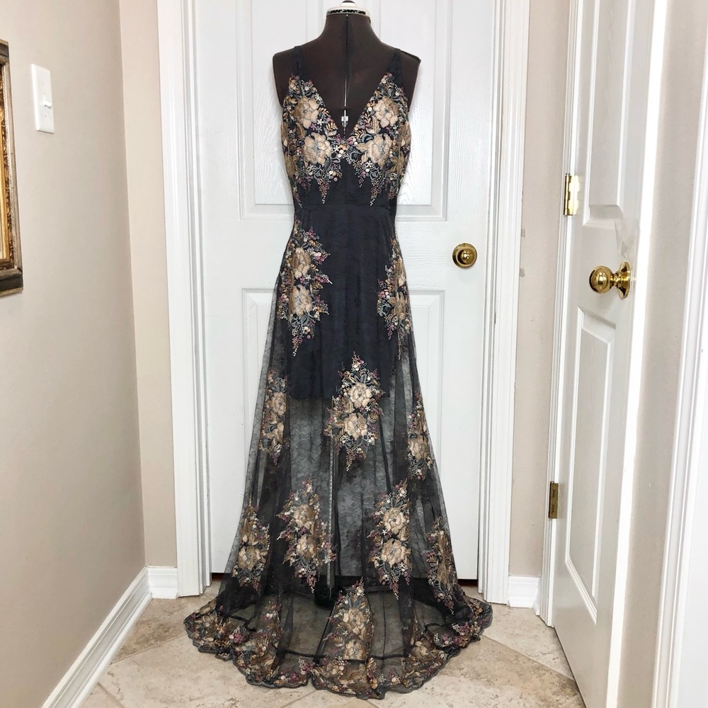 Altar’d State Stretchy Slip Embroidered Flower Gray Mesh Angelique Maxi Dress M - Picture 2 of 16
